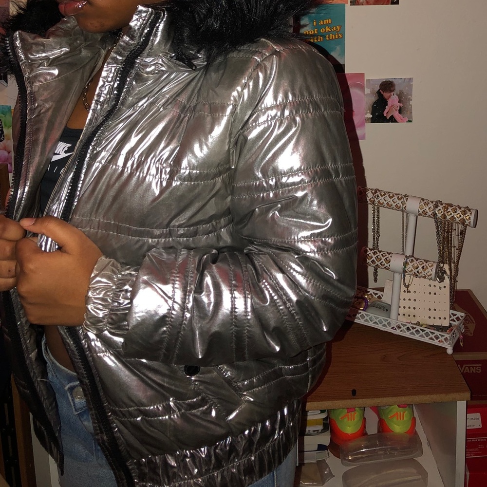 Urban Republic Metallic Silver Coat w/ Fur Hood